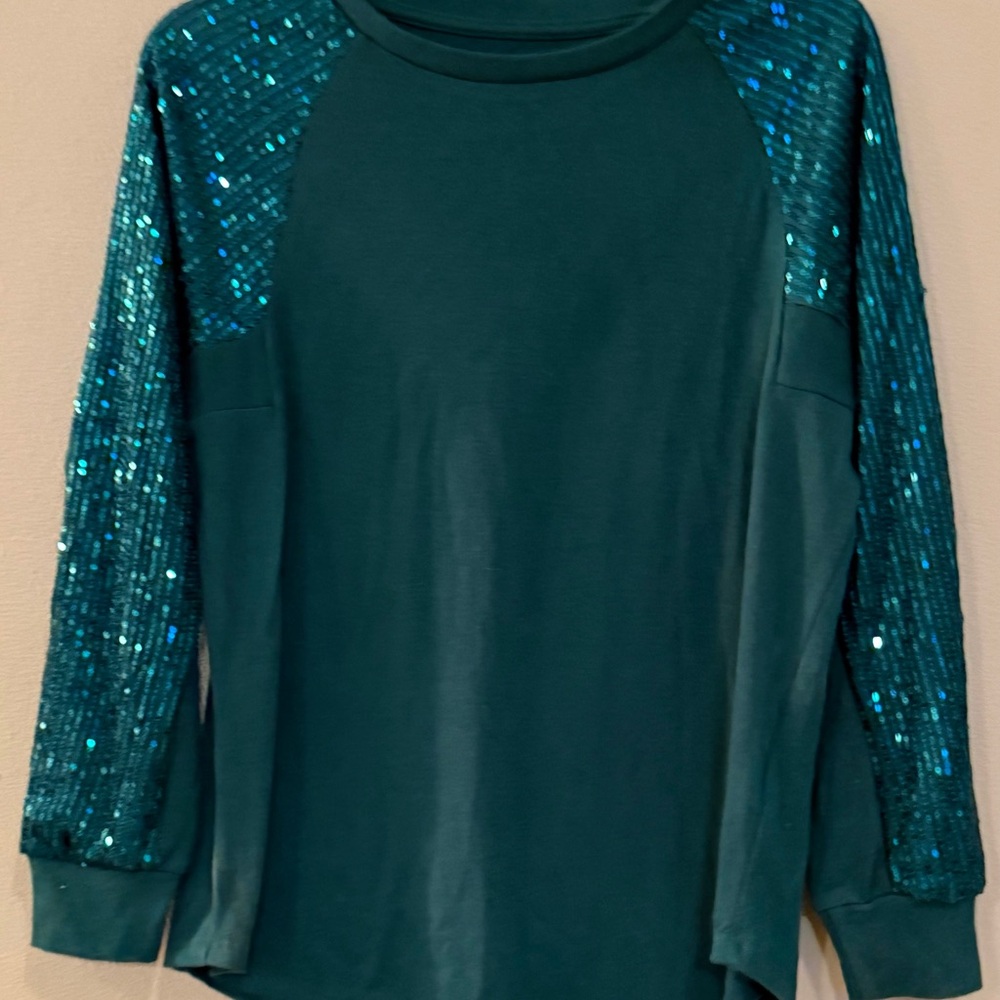 Teal Sequin Long Sleeve Top
